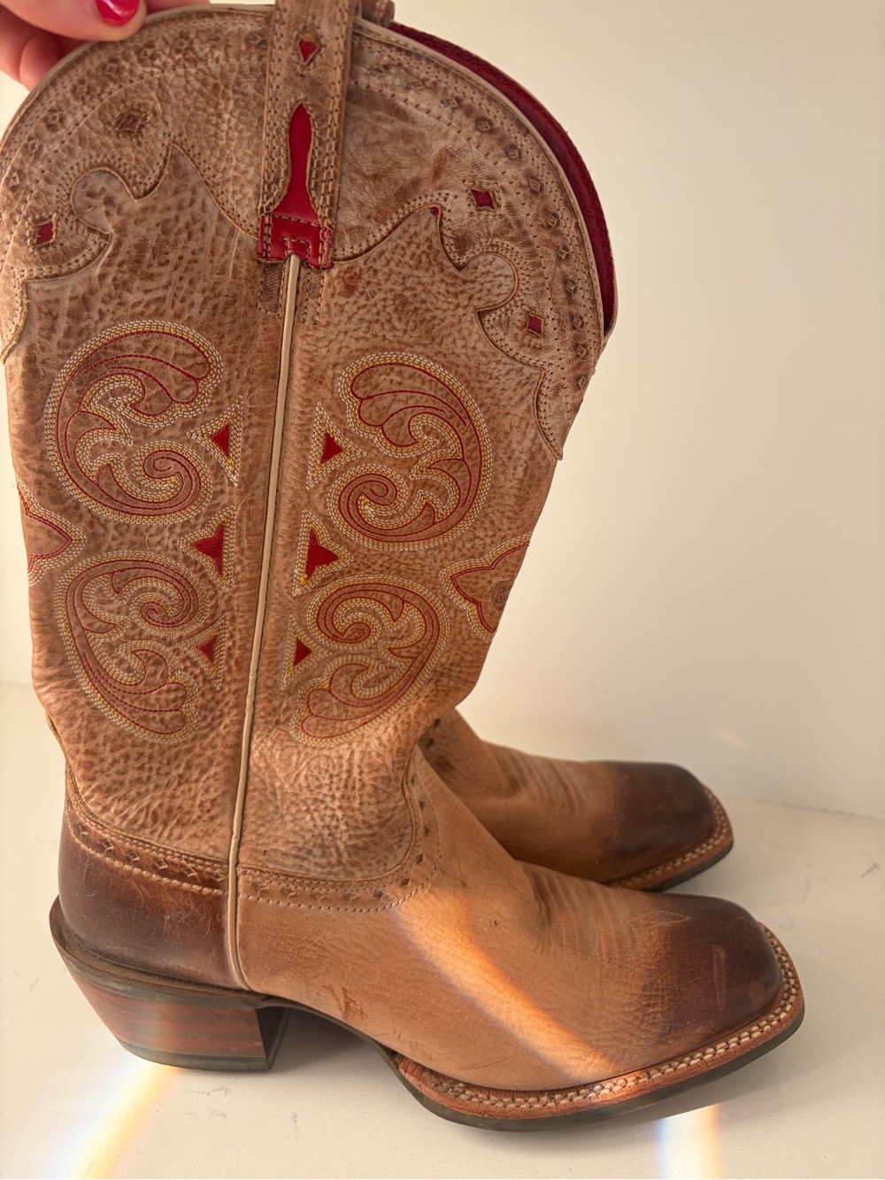 Ariat Tan Leather Western Boots with Red Accents